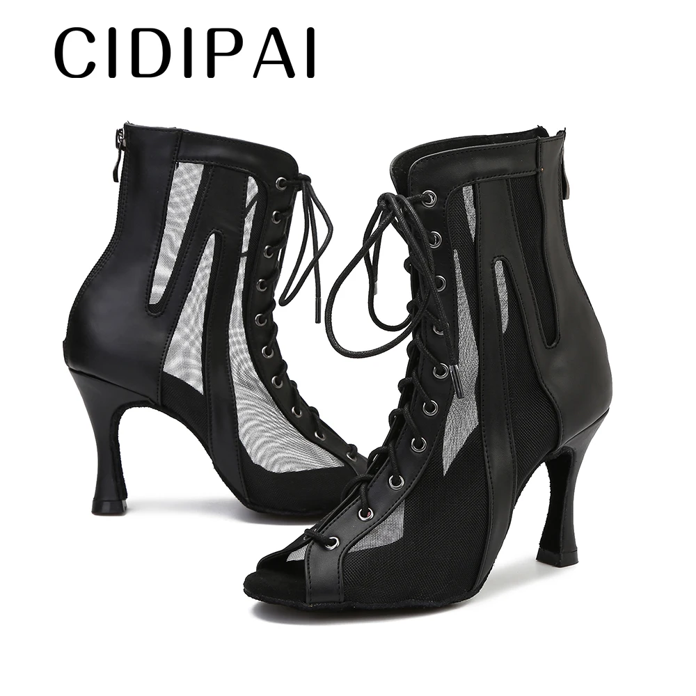 Microfiber Leather Dance Shoes Female High Top Ballroom Dance Boots Woman Latin Dance Shoes Breathable Mesh Party High Heels 9CM 3