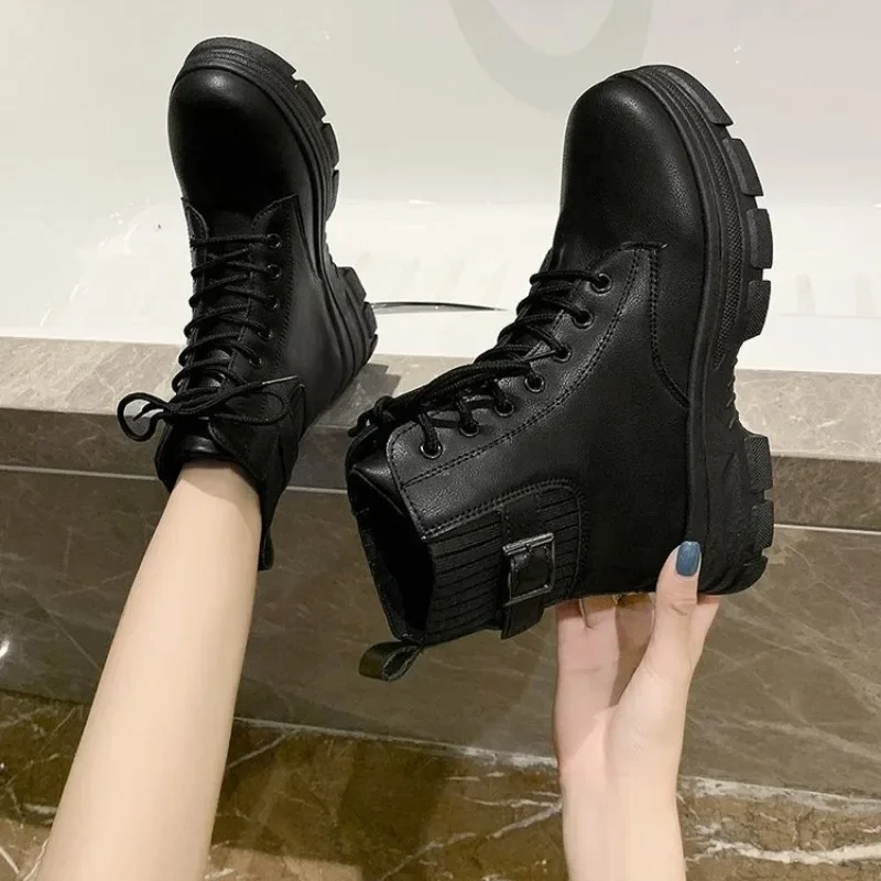 

New Autumn Winter Chelsea Boots Women Platform Black Beige Ankle Boots For Women Fur Short Chunky Punk Gothic Shoes