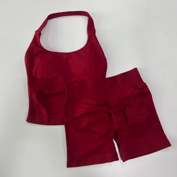 مجموعة رياضية بدون ظهر، قمصان بدون أكمام، خصر مرتفع، شورت مطاطي عالي بدون درزات 13