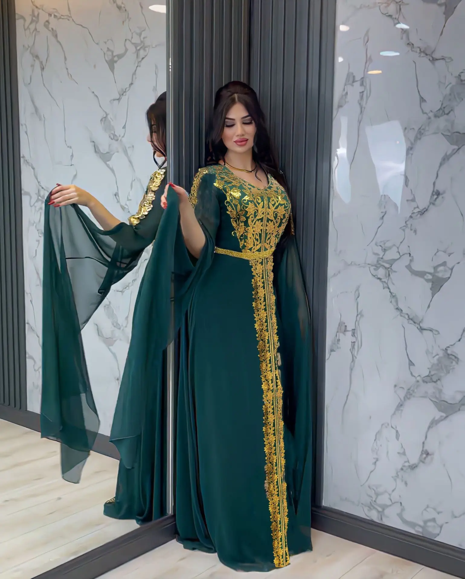 

2023 Abaya Dress Autumn Muslim Fashion Long Sleeve V-neck Chiffon Green White Sequin Long Dress Kaftan Abayas for Women