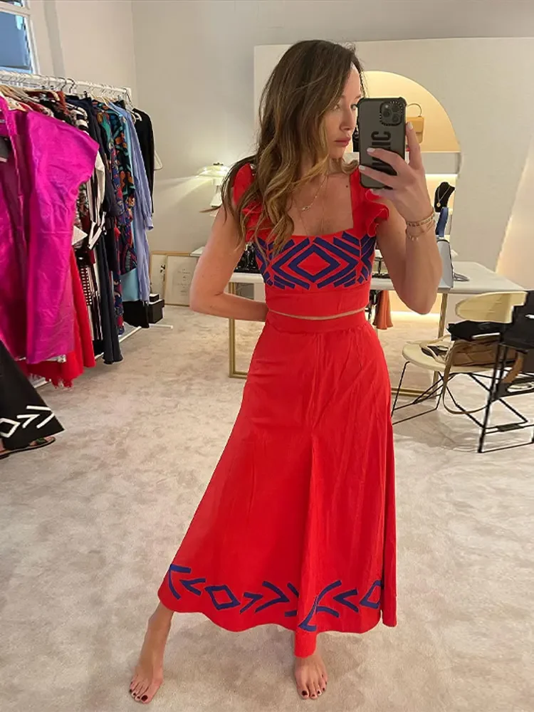 Women Vintage Fashion Printed Midi Skirt Set Sweet Cropped Tank Top High Waist Skirts Suit 2024 Spring Summer Holiday Beachwear