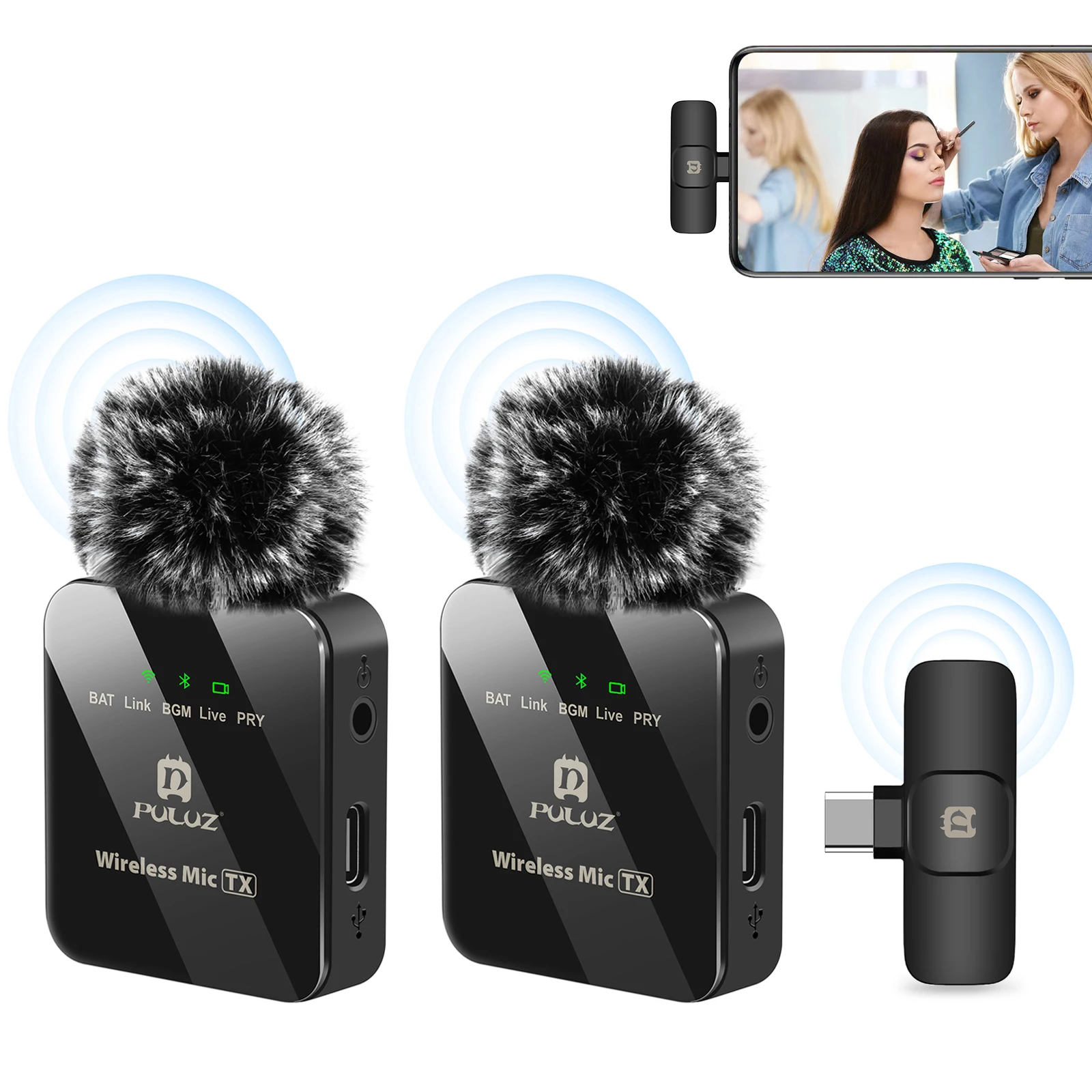 PULUZ Wireless Lavalier Microphone Portable Audio Video Recording Mini Mic for iPhone Android Outdoor Live Broadcast Phone Mic