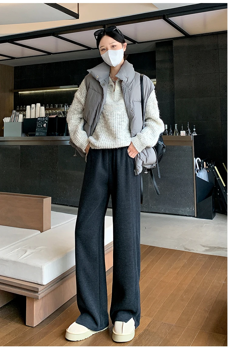 High Street Casual Gerade Lose Chic Split Frauen Hosen Herbst Winter Klassische Feste Farbe Mode Einfache Weibliche Breite Bein Hosen – Detail 14