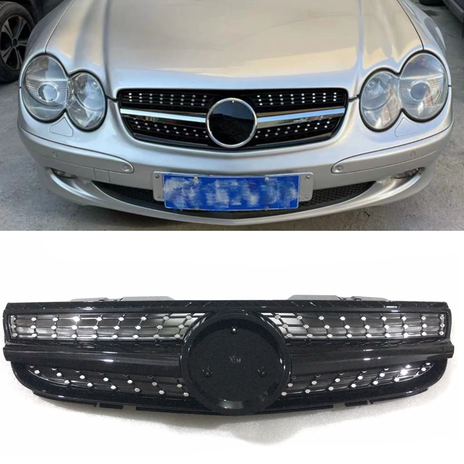 

For Mercedes Benz R230 SL Class 2007-2009 SL550 Front Grille Black/Silver Car Upper Bumper Hood Mesh Grid Grill
