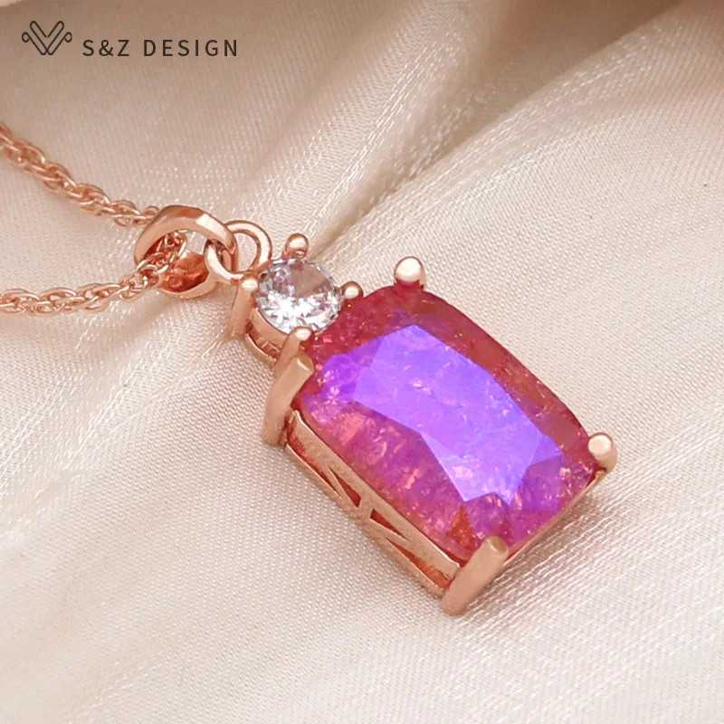 S&Z DESIGN New Fashion 585 Rose Gold Color Cubic Zirconia Rectangle Crystal Pendant Necklace For Women Wedding Party Jewelry