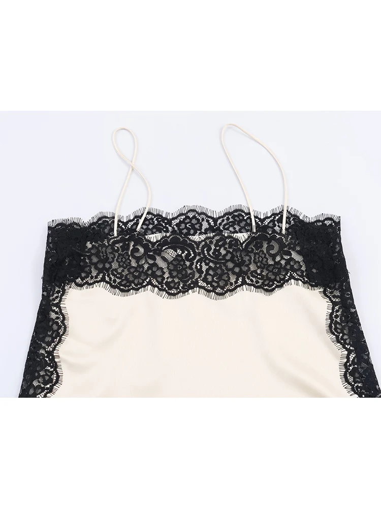 Women's Patchwork Camisole Lace Spliced Slash Collar White Black Contrast Color Lady Sexy Thin Sling Top Casual Fashion
