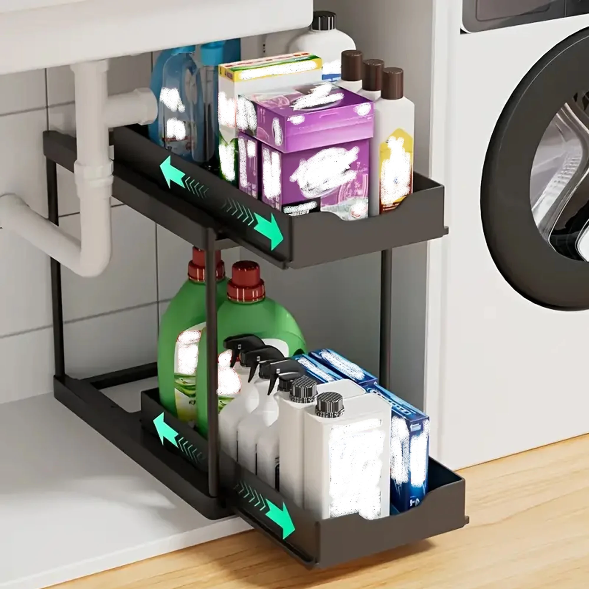 Pull-Out Double-Layer Kitchen Storage Rack with Drawers Ideal for Kitchen Sink Organization