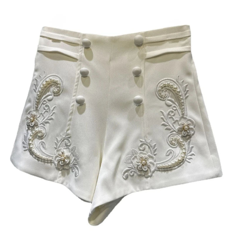 2023 Autumn New Retro Pearl Beaded Embroidery Pattern Shorts Womans Elegant Socialite Short Shorts Office Daily Street All-Match