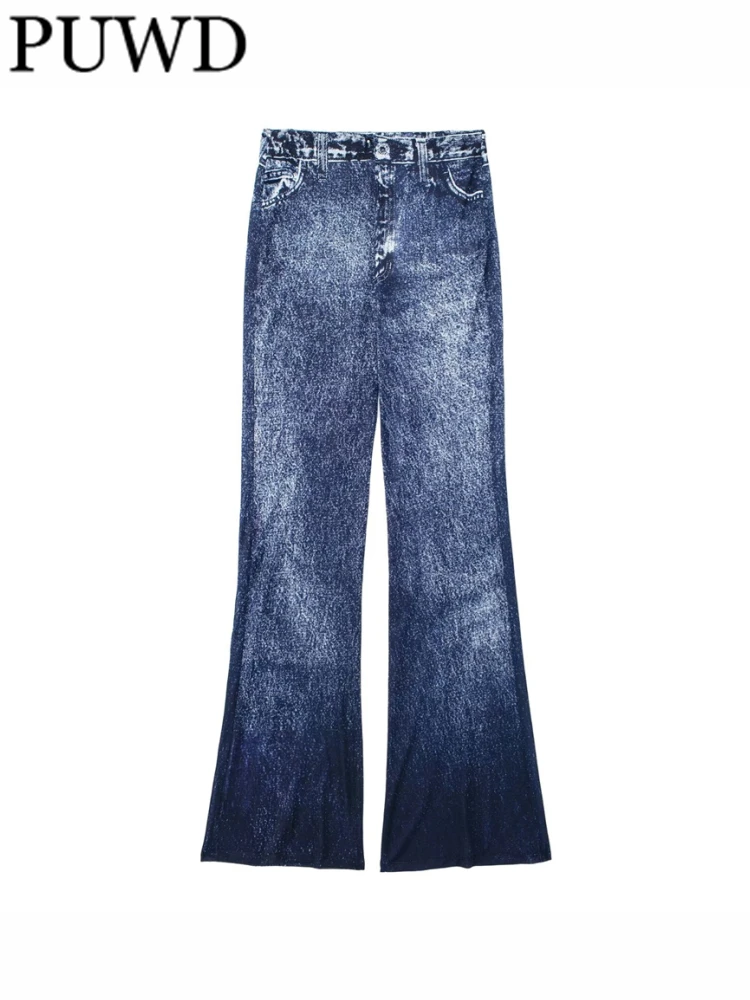 

PUWD Women Fashion Blue Denim Effect Trousers 2023 Summer Vintage High Waist Female Pants Mujer