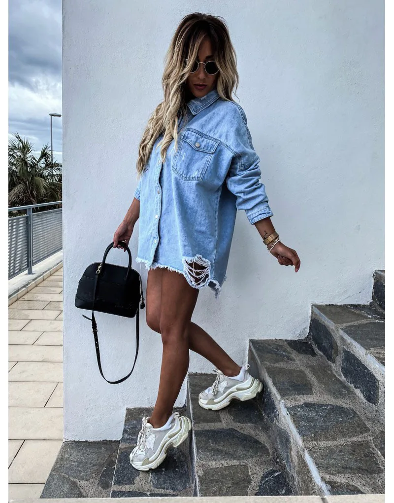 Women Fashion Ripped Mid-length Jeans T-Shirts  Fall New Long Sleeve Denim Tops Sexy Boyfriend Loose Female Thin Coats S-XL