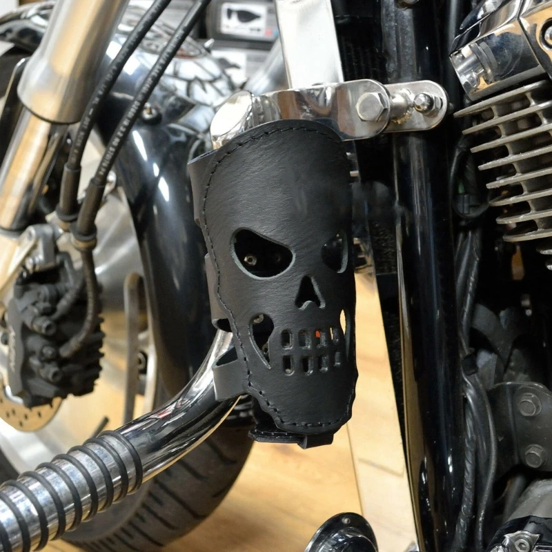 Motorcycle Biker Drink Holder Leather Coffee Water Bottle Cup Holder with Skull Gift Auto Car-styling Bicycles Universal
