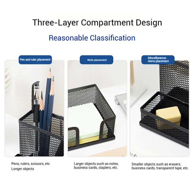 Deli Metal Mesh Square Pen Holder Multi-functional Three Grid Desktop Storage Box Simple Office Supplies for Business 2