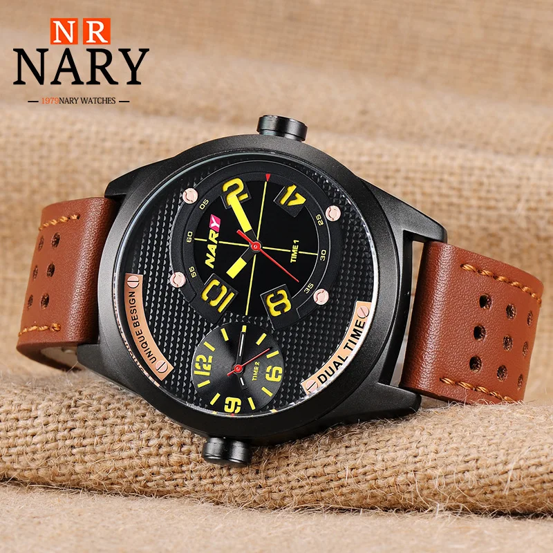 NARY Casual Sport Watches for Men High Quality Waterproof Quartz Wristwatch Double Display Fashion Business Men Watch 8015