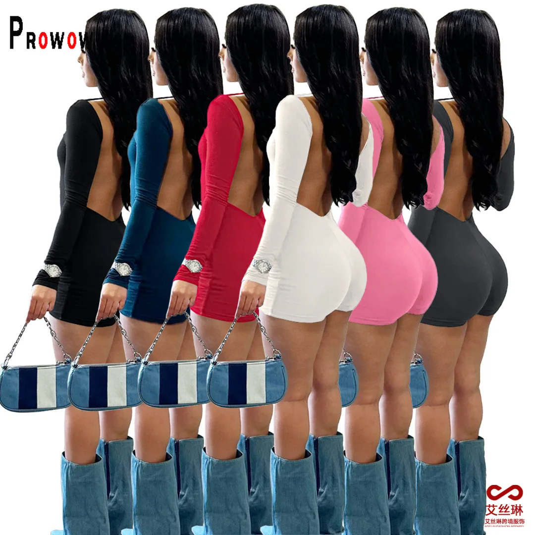 

Prowow Sexy Backless Women's Playsuits One Piece Long Sleeve Skinny Bodycons Party Outfits Solid Color Summer Female Clothing