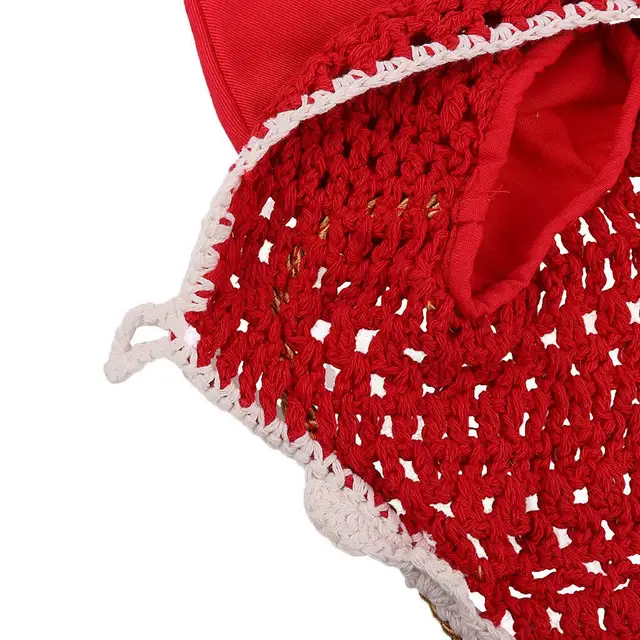 Soft Cotton Hand Crochet Breathable Fly Veil with Ears for Horse Red 3