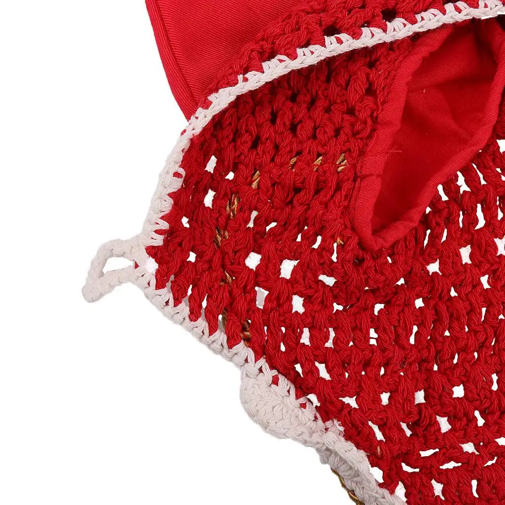 Soft Cotton Hand Crochet Breathable Fly Veil with Ears for Horse Red 3