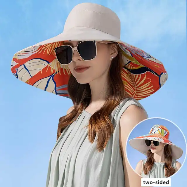 18cm Large Brim Women Sun Hat Luxury Double Sided Wearable Plant Printing Cotton Bucket Cap Light Breathable Summer Top Hat 1