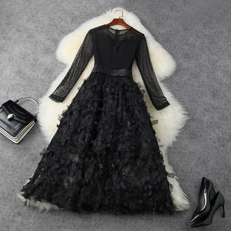 

2023 New Spring Black Flowers Dress Medium Length Lace Slim Dress with Waist Closing Mesh Women Womanliness Retro Party Dresses