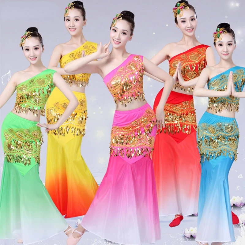 

Peacock Dance Costume Girls Traditional Ancient Dai Performance Clothing Kids Festival Outfit Fishtail National belly dance
