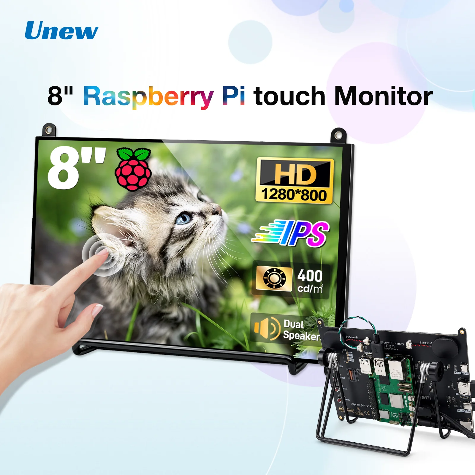 Monitor Touch IPS da 8 Pollici con Display 1280×800 per Raspberry Pi 5/4/3, Altoparlanti Integrati, HDMI Type-C