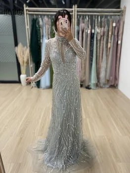 MYMB Abiti eleganti per occasioni formali a trapezio a maniche lunghe per le donne Abiti da sera arabi di lusso con collo alto per la festa nuziale IRA279