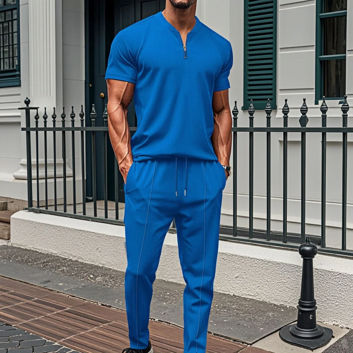 Men's Casual Loose Fit Two-Piece Set Short-Sleeved Pant Suit Waffle Check Zipper Stand Collar Solid Color Fashion Streetwear 3