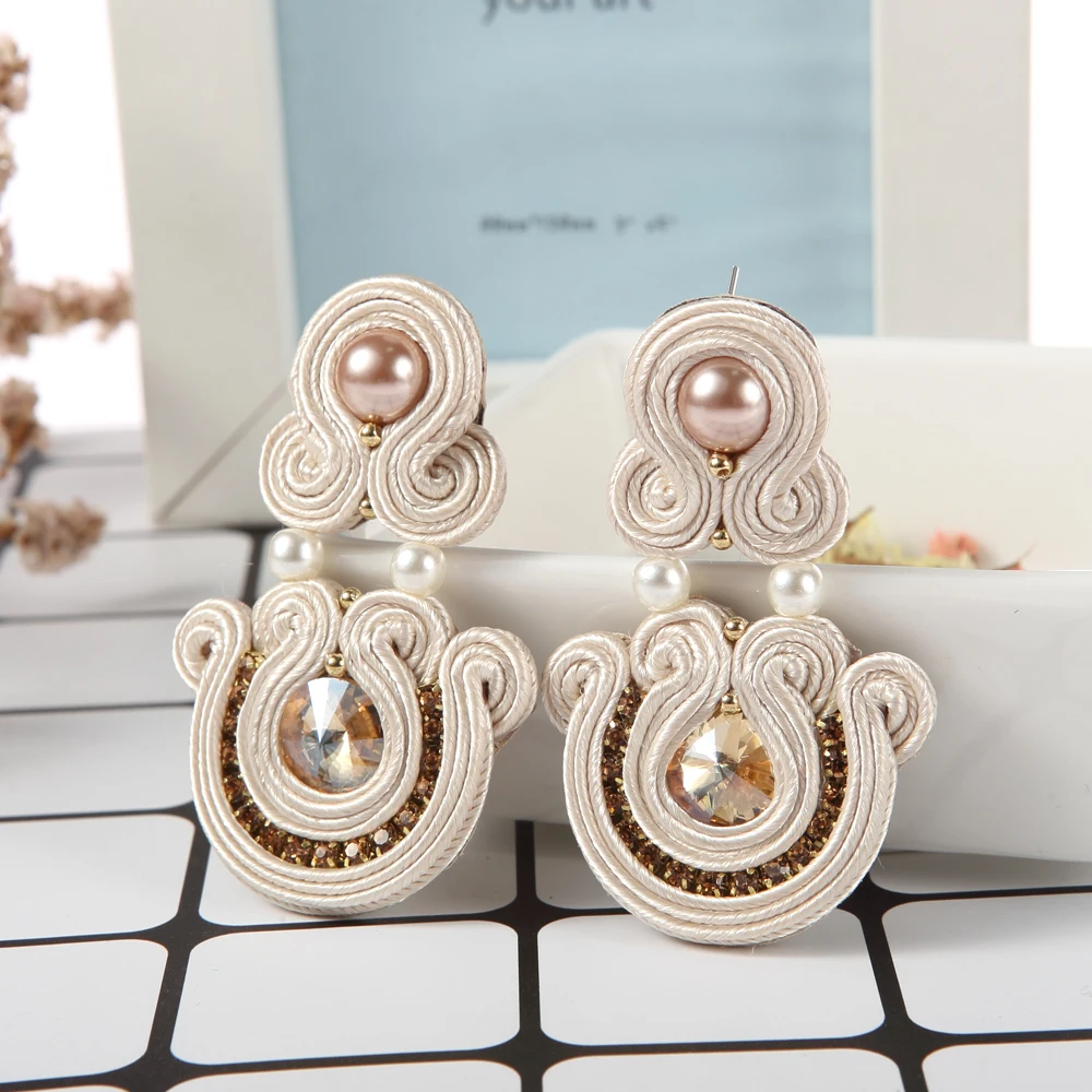 Ethnic Handmade Earrings Soutache Jewelry Pendant Earring for women brown white Crystal exaggerated Large Earring Trendy Gift 2