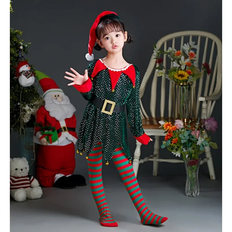 

Children Womens Holiday Elf Costume Dress Hat Stocking for Women Girls Christmas Dress Child Adult Dance Party Halloween Cosplay