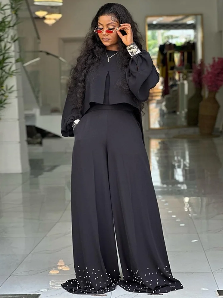 Wmstar Two Piece Sets Women Wholesale Round Neck Irregular Lantern Sleeved Top with Beaded Wide Leg Pants Sets  Dropshopping