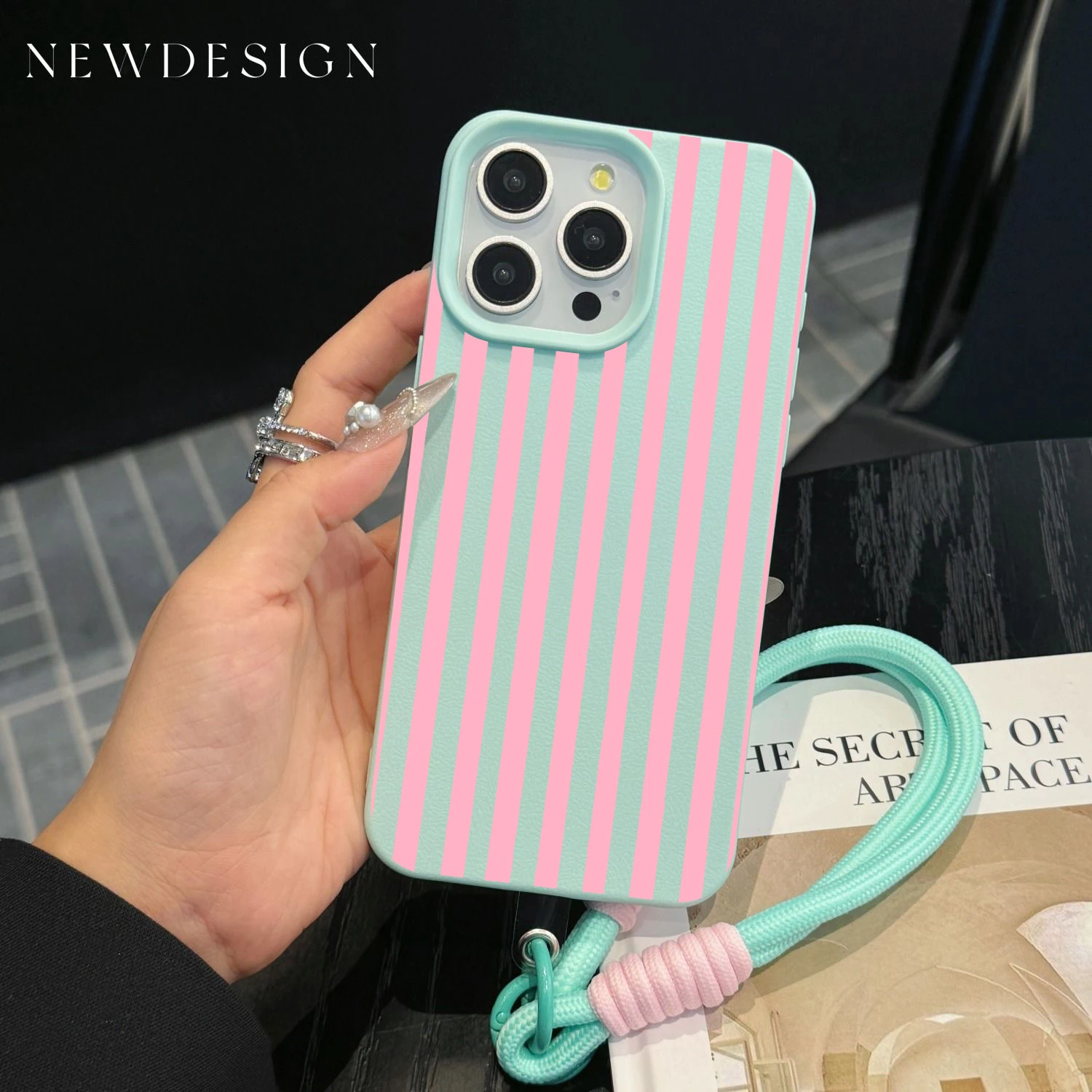 Vibrant Striped Couple Phone Lanyard Case with Y2K Silicone Cover