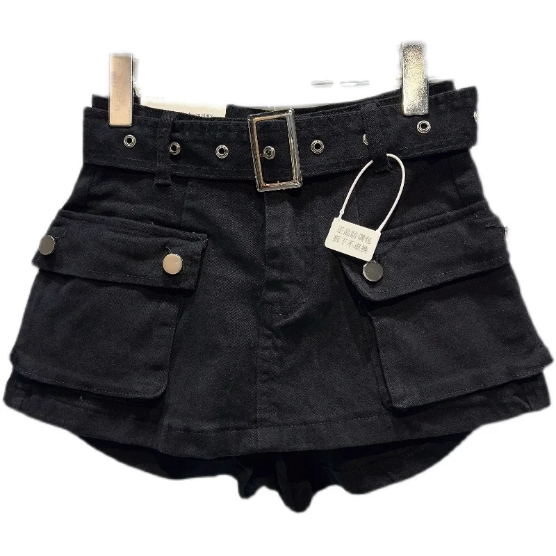 2024 Spring New Retro American Large Pocket Belt Jeans Shorts Pantskirt Women High Waist Slim Fit Three-Point Denim Shorts Lady