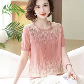 Femme Spring Summer Fashion Simplicity Striped Solid Color O-neck Short Sleeve Women Clothes Diamonds Tassel Appear Thin Top Tee