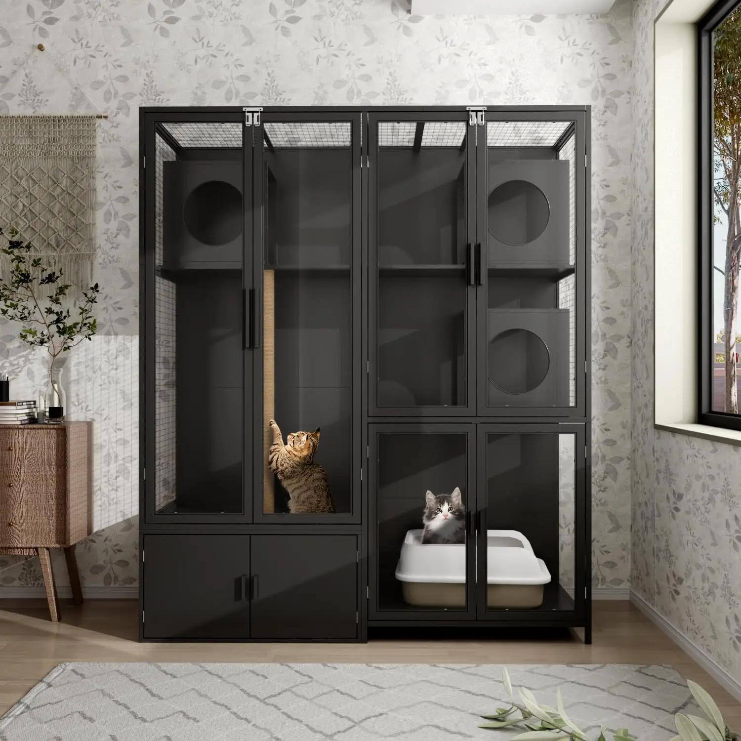 63" Cat Litter Box Enclosure, 3 Rooms, Acrylic Doors and Scratching Post, Extra Large Hidden Decorative Litterbox Cabinet Cages