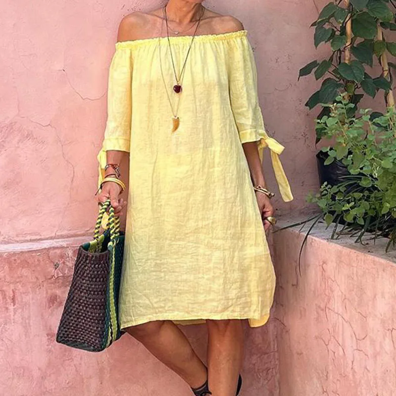 

2024 Elegant Loose A-line Dresses Summer Cotton Linen Off Shoulder Women's Dress Casual Half Sleeved Solid Color Commuting Dress
