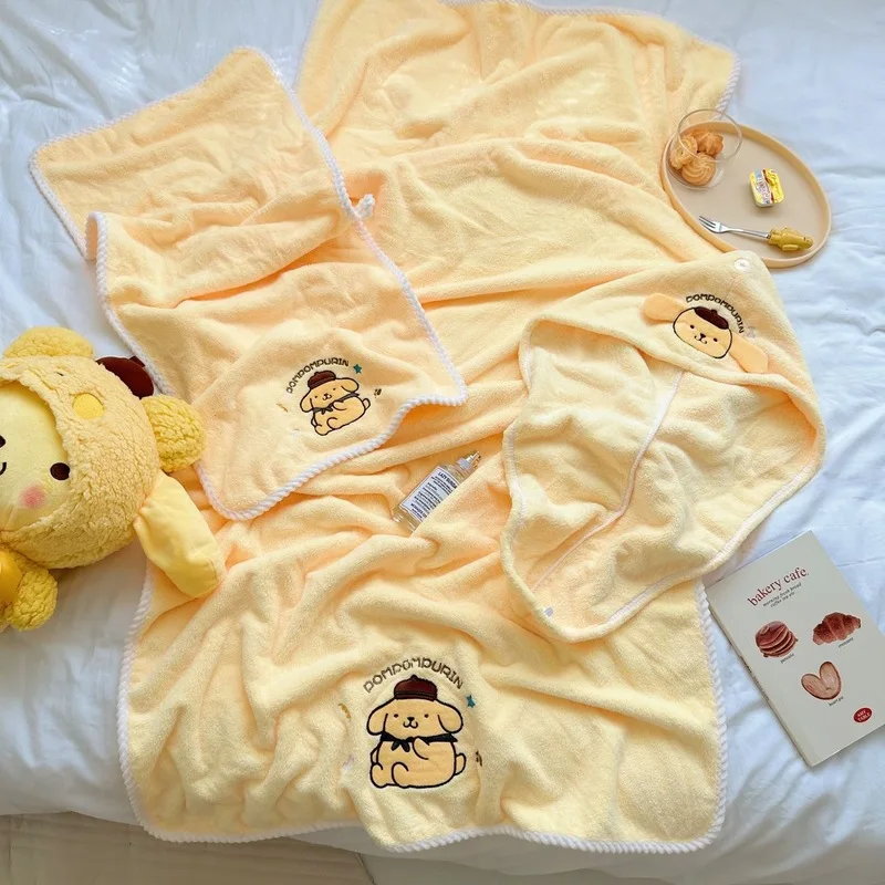 3pcs Sanrio Cinnamoroll Towel Bath Towel Bathing Cap Pochacco Melody Kuromi Girl Quick Drying Hair Cap Kid Beach Household