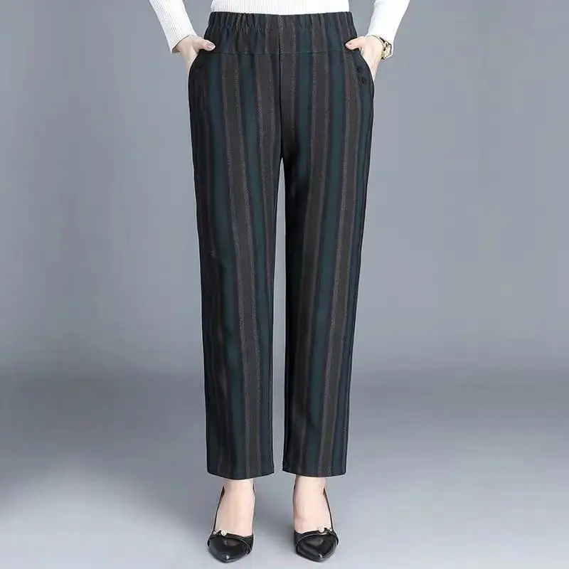 6XL 7XL Women's Striped Pants Spring Autumn High Waist Mother Trousers Female Casual Loose Wide Leg Pants