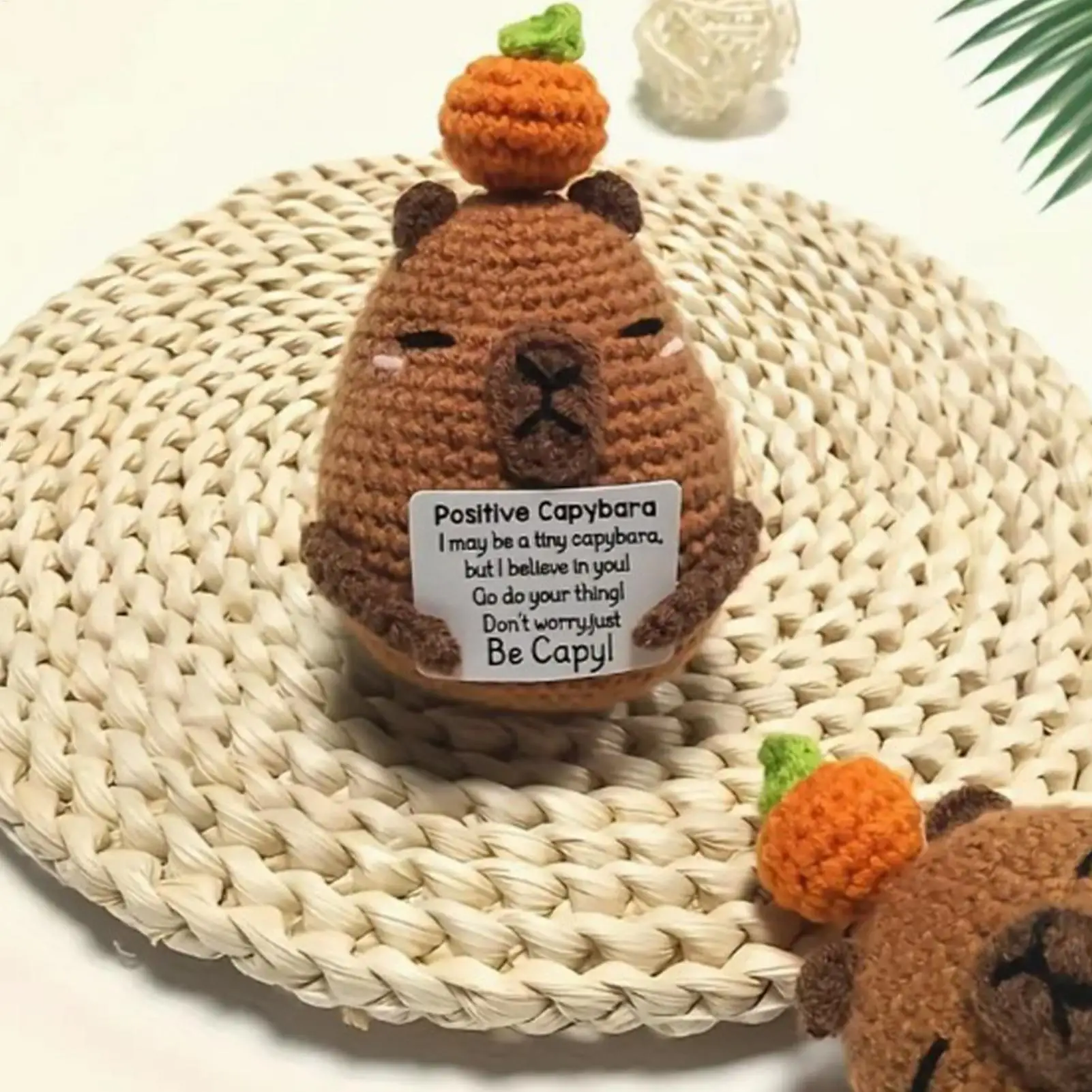 Positive Crochet Animals Capybara Doll With Card Desktop Ornament Handmade Knitted Cheer Up Capybara Doll Home Room Decorations