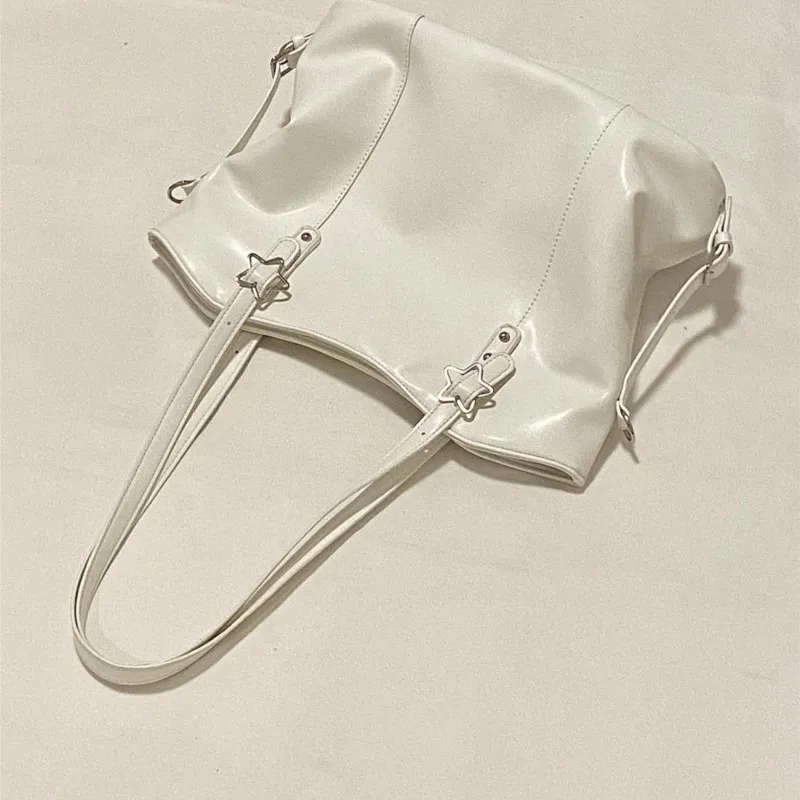 White Star Studded Tote Bag Women Leather Large Capacity Shoulder Bags Ladies Casual Versatile Commute Minimalist Crossbody Bag