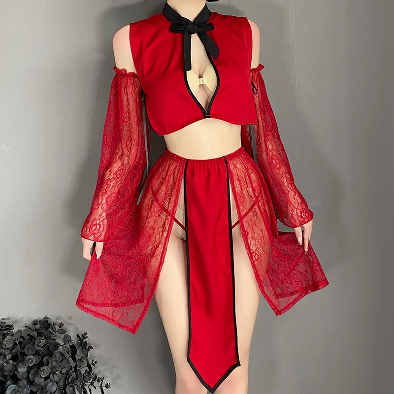 

REBEYULI Brand Chinese Style Exotic Sets Women Classical Jacquard Mesh Patchwork Sexy Sleepwear Women Exotic Apparel Underwear