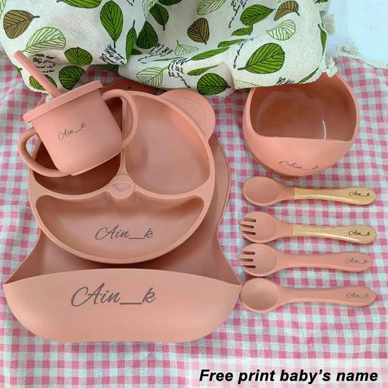 Silicone Tableware For Kids Baby Feeding Set Cartoon Plate Personalized Name Sucker Cup Plate Bowl Bib Newborn Gift 8Pcs/5Pcs