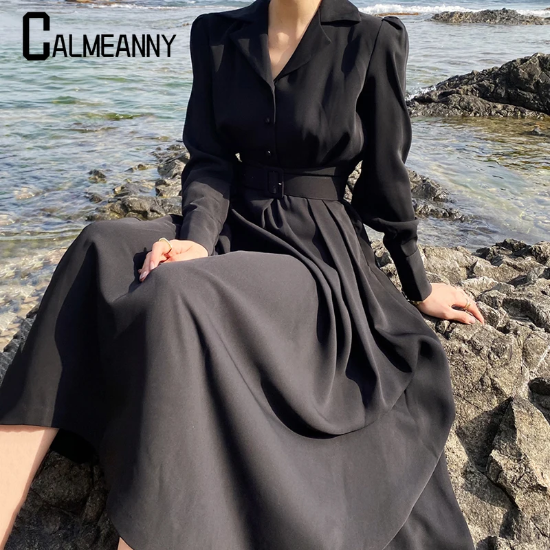 

2023 Long Maxi Dresses for Woman Party Single Breasted Autumn Winter Elegant Notched Collar Dress Vestidos High Waist Business