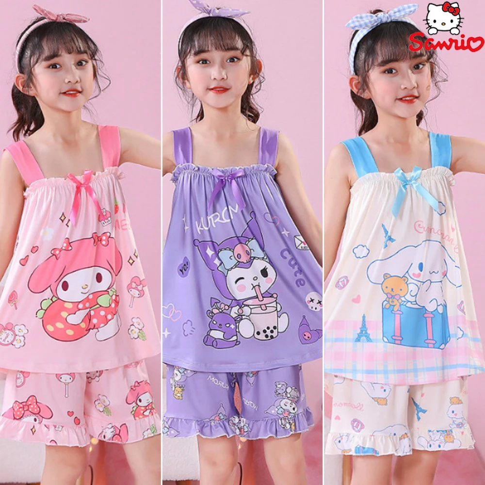 

Sanrio Kuromi Pajamas Set Kawaii My Melody Cinnamoroll Children Suspender Sleepwear Cartoon Anime Girls Home Clothes Gift
