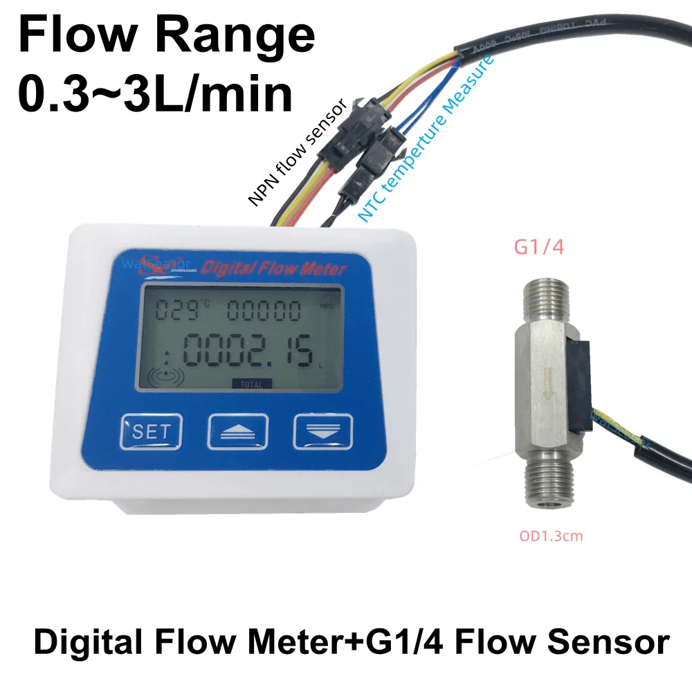 G1/4" Turbine Digital LCD Display Water Flow Sensor Meter Flowmeter Temperature Total Flow Show Rate