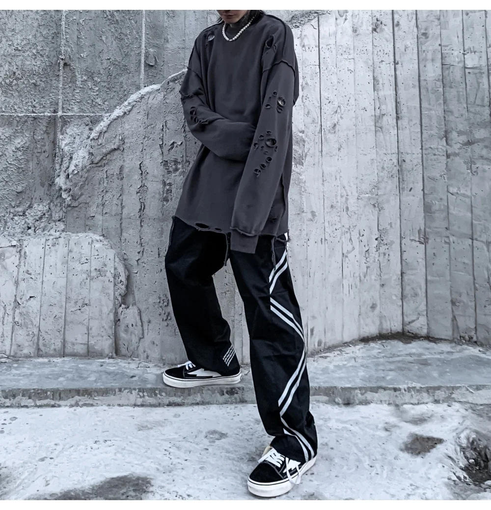 Camisolas rasgadas de manga comprida para homens e mulheres, pulôveres de ombro, streetwear com buracos rasgados, roupas grunge, sloth tops, primavera