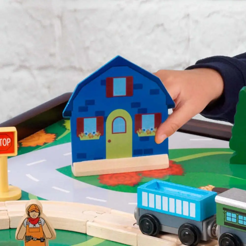 Reversible Wooden Play Table with Train Set and Building Bricks Storage Childrens Activity Table Ages 3 5