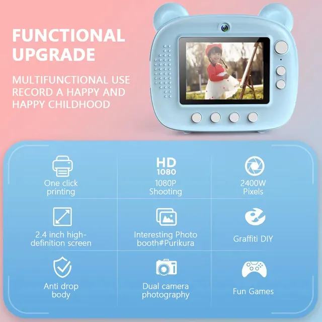 Cámara Digital de impresión instantánea para niños, cámara de impresión térmica, cámara de fotos instantánea, juguetes de Video + tarjeta de memoria de 32G - Image 3