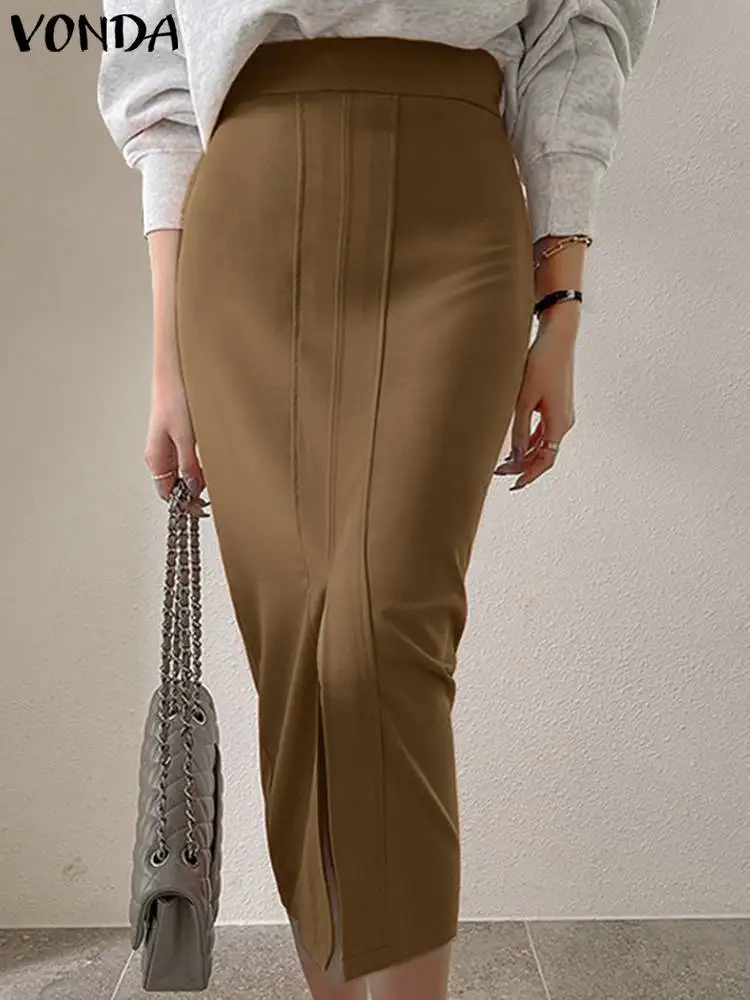 

Women Autumn Skirts 2023 VONDA Fashion Elegant Office Slit Casual Slim Bud Skirts High Waist Solid Color Bottoms Oversized