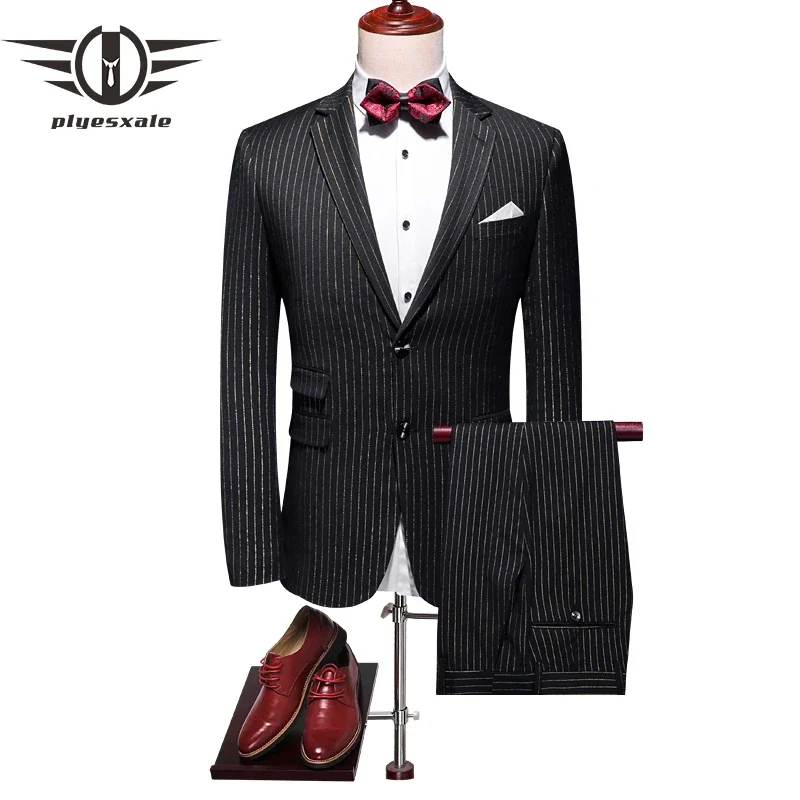 

Black Gold Striped Suit Men Fashion Brand Formal Male Suits 2 Pieces Wedding Suit Groom Tuxedo Slim Fit Prom Party Dress Q648