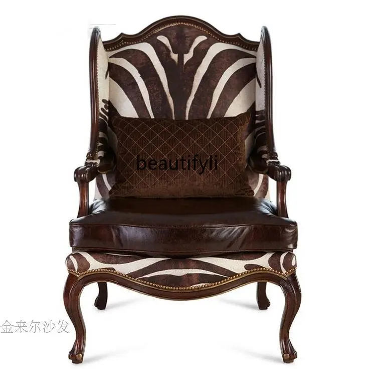 

Single High Back Chair European Solid Wood Sofa Hotel Club Wingback Chair Villa Living Room Sofa