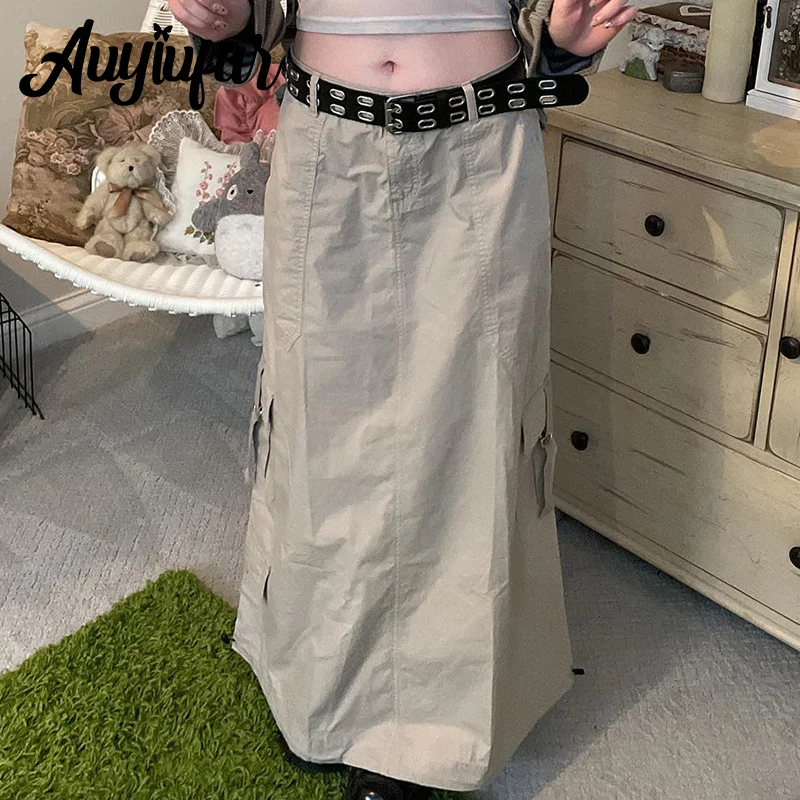 

Auyiufar Retro Fairy Grunge Y2k Streetwear Cargo Midi Skirts Vintage High Waist Sexy Baggy Long Skirt Women Pockets Cute Bottom